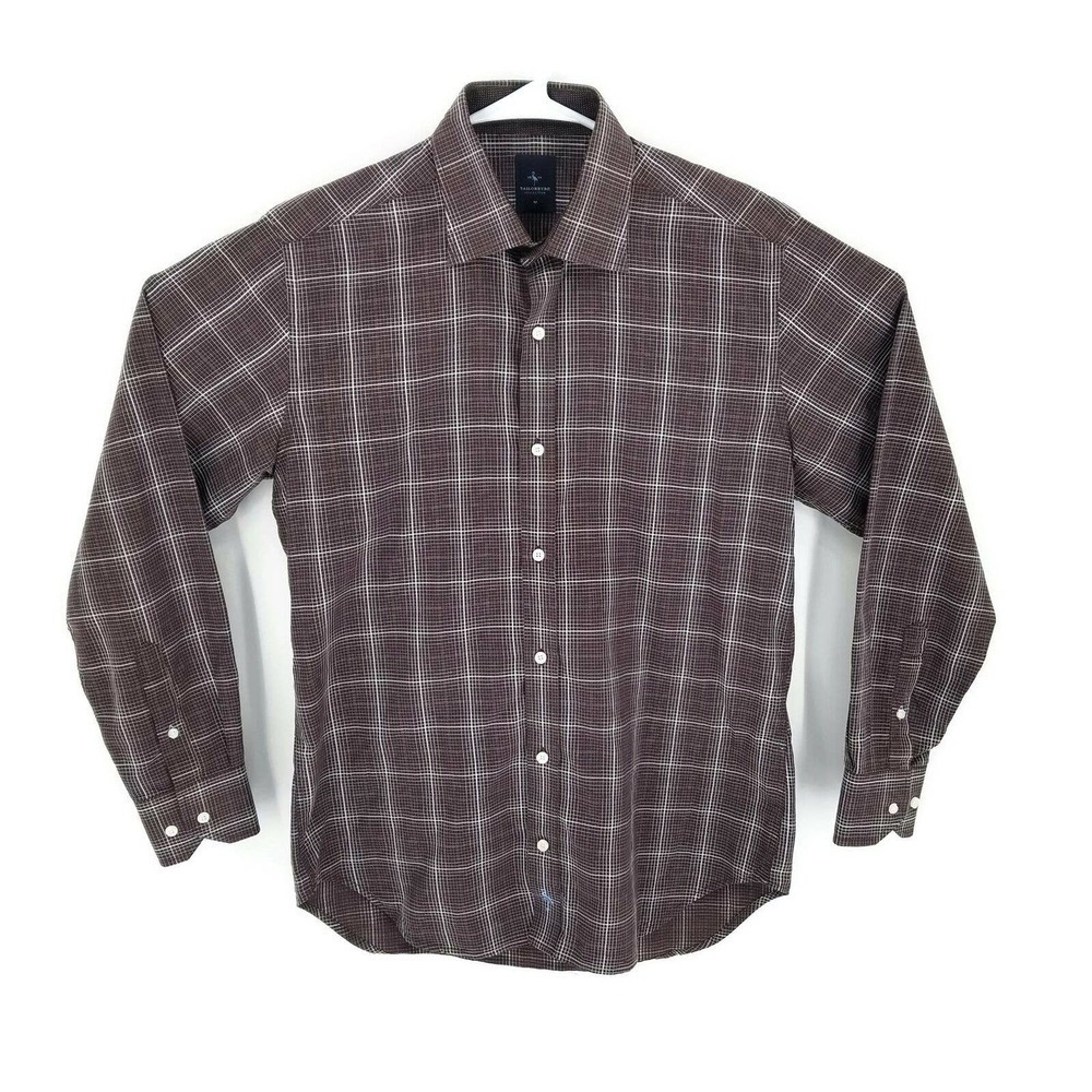 Tailorbyrd Brown/White/Blue Checkered L/S Button Up 100% Cotton Shirt Mens Sz M